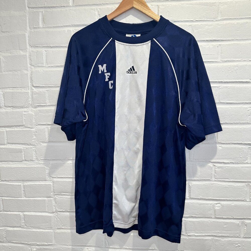 Vintage 90s Adidas Navy Blue Argyle Diamond Pattern Soccer Jersey Men's Large